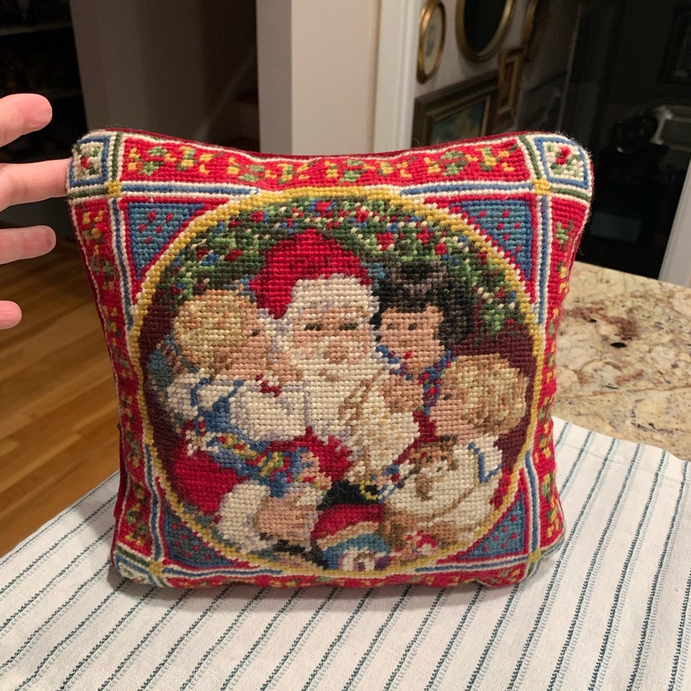 Vintage Santa w Children Needlepoint Christmas Pillow